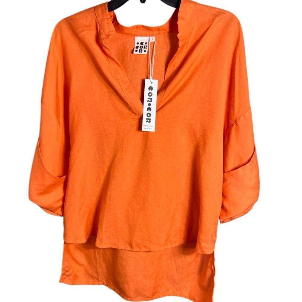 COREY LYNN CALTER Oversized Linen High Low Top Orange Size Small